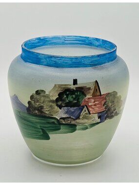 Vintage Czech Hand Painted Glass Vase Village Scene Blue Rim SlovaKia, Very Good